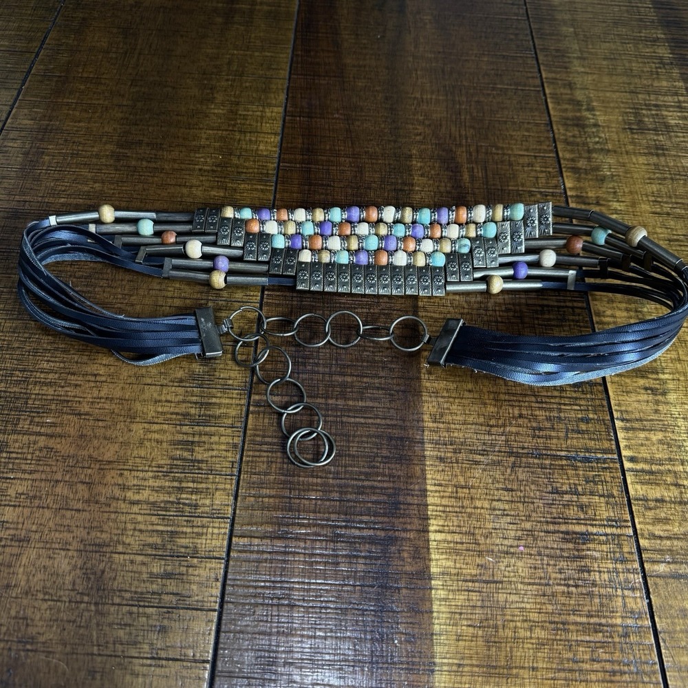Fashion Chain Link Belt Chunky Wood Multi Colored Beaded Black Leather Adjustabl
